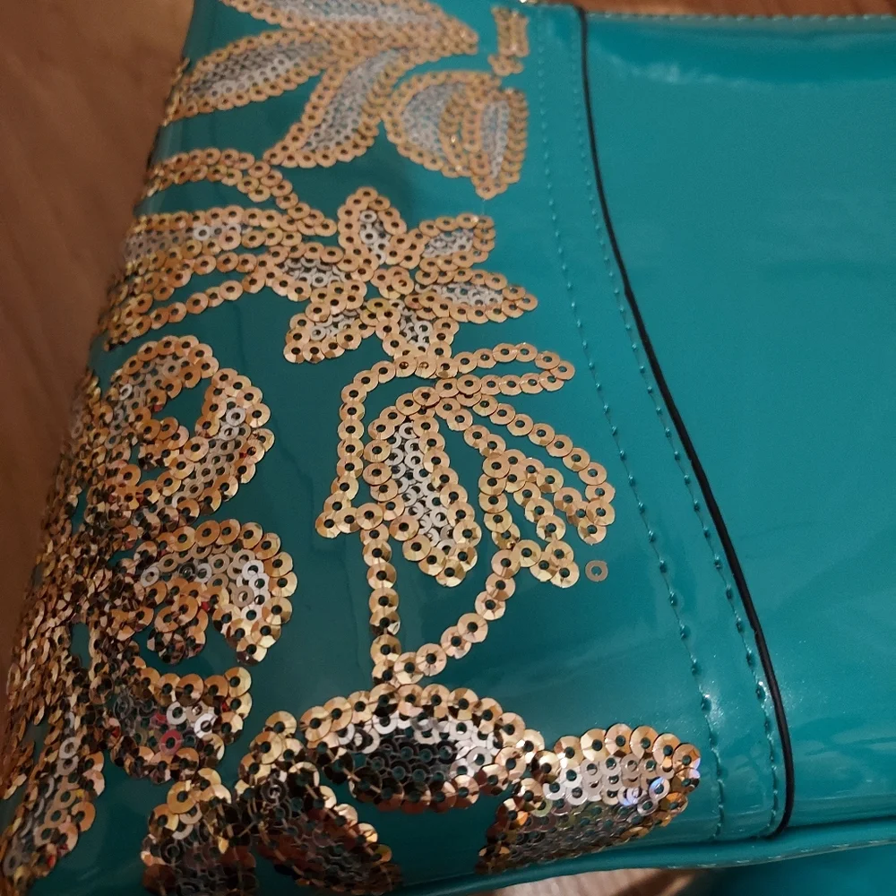 Teal Neptune Green Gold Patent Leather Look Bling Handbag Embroidery Shiny Purse